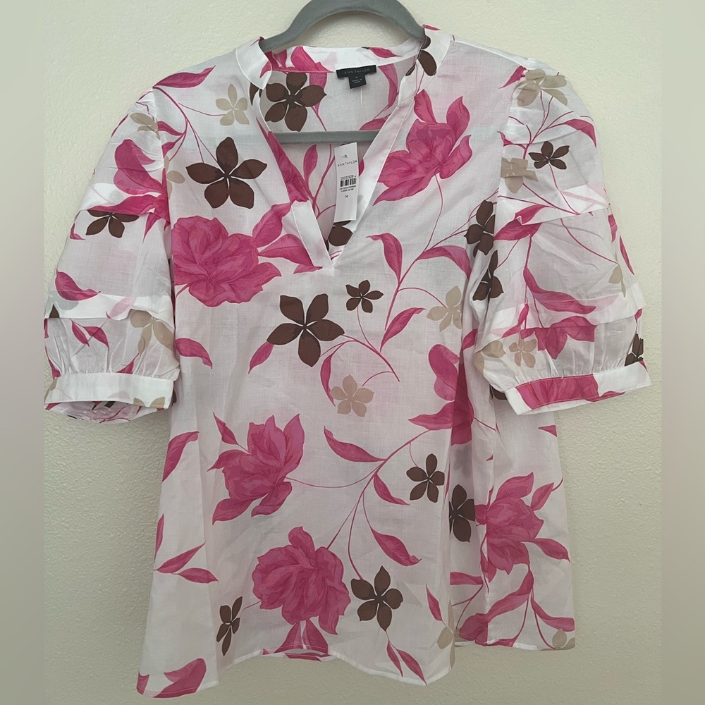 Ann Taylor Floral Pintucked Puff Sleeve